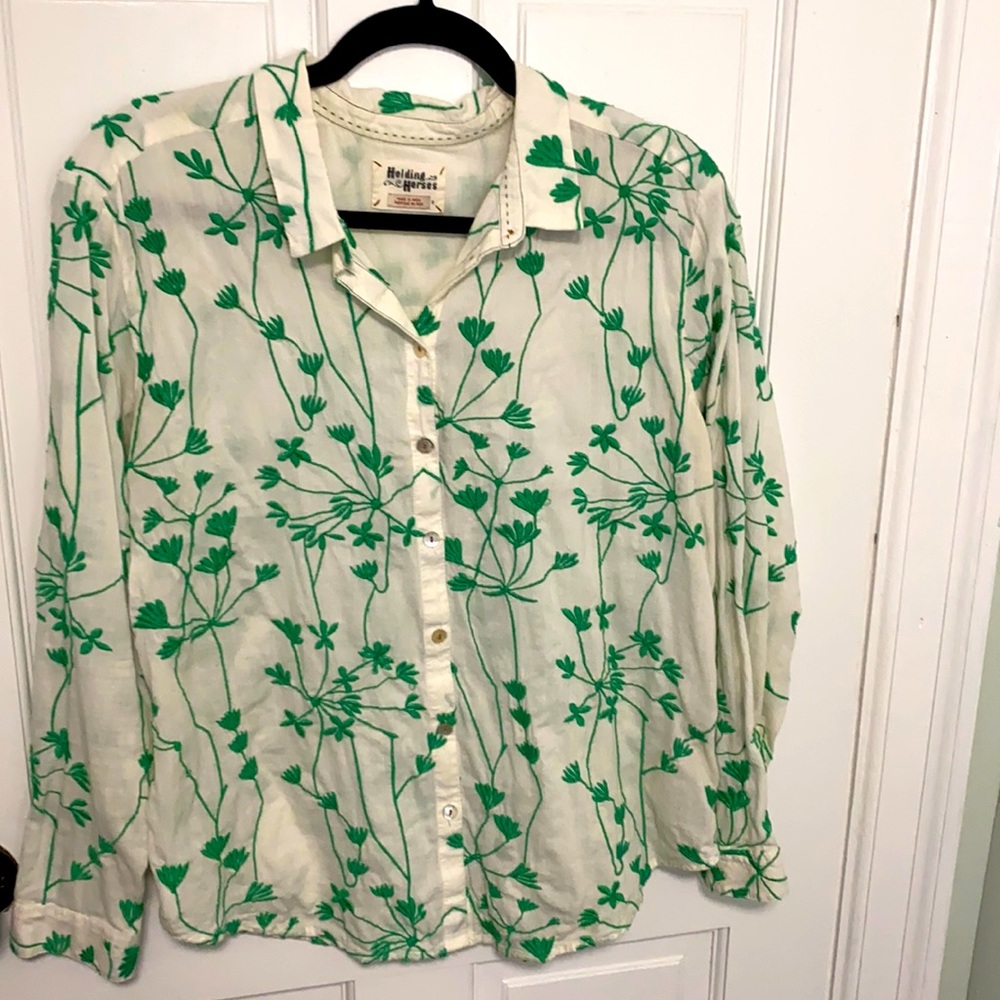 Anthropologie Embroidered Botanical Button Down